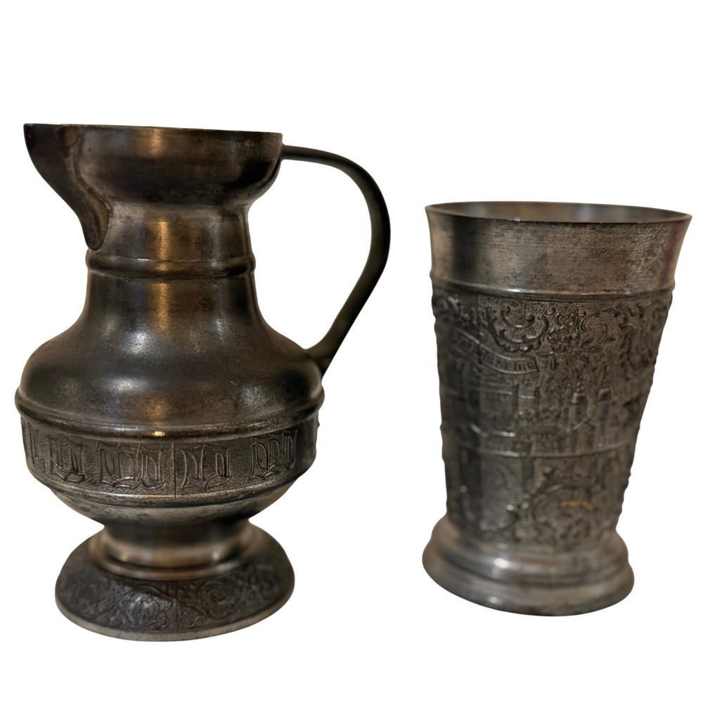 Vintage BMF Zinn & Gronning 95% Pewter Pitcher and Relief Beaker Set German